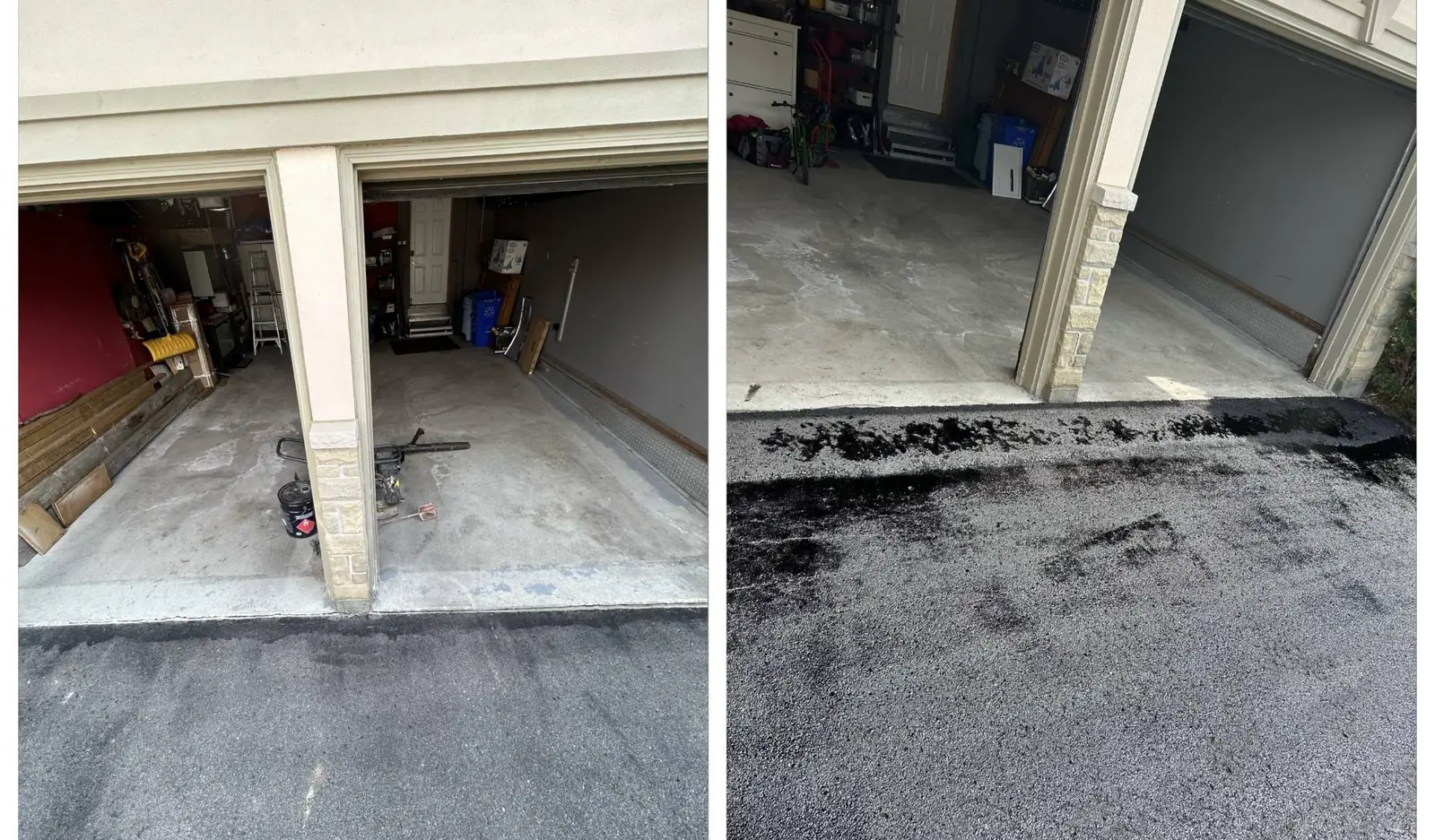 Asphalt repair before and after at a garage entrance