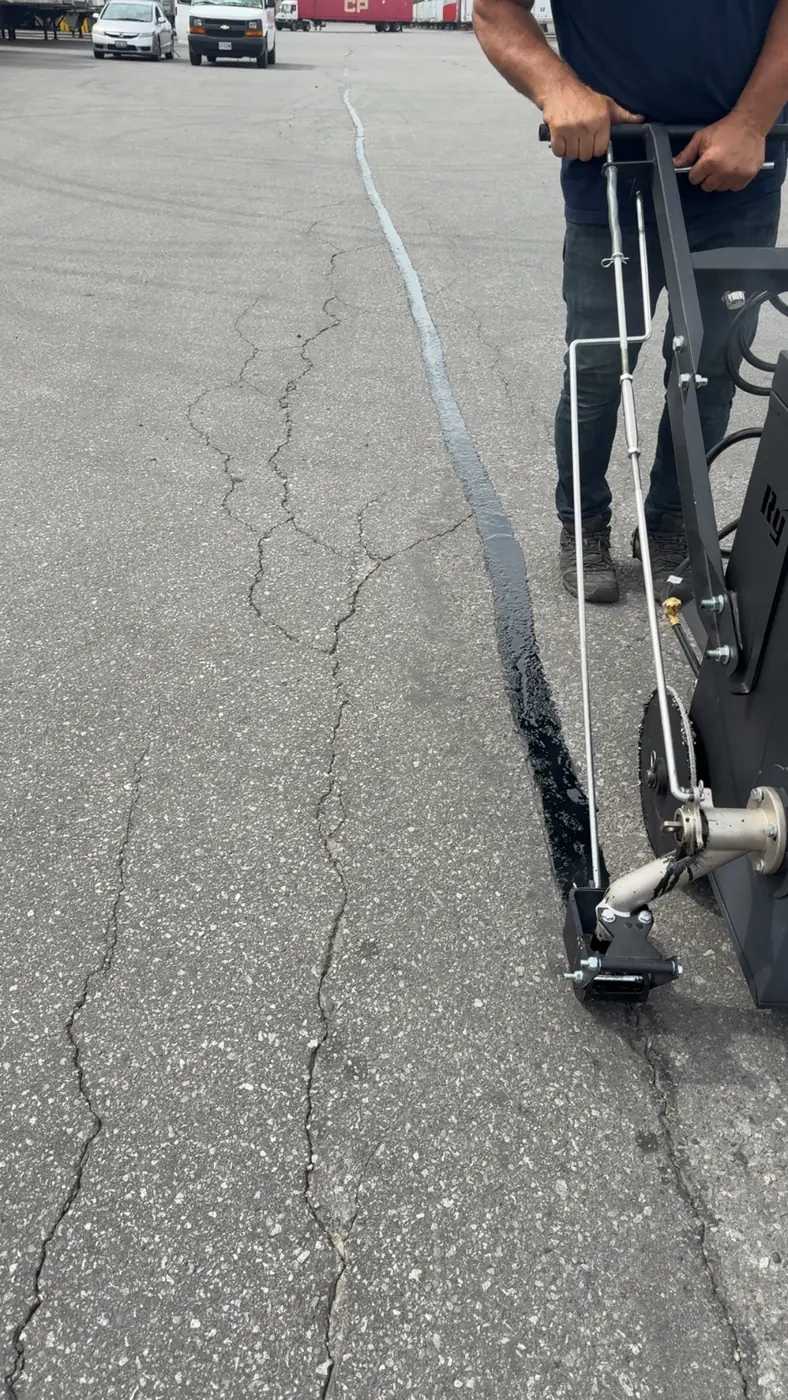 Hot-rubber crack filling being applied directly to an asphalt crack