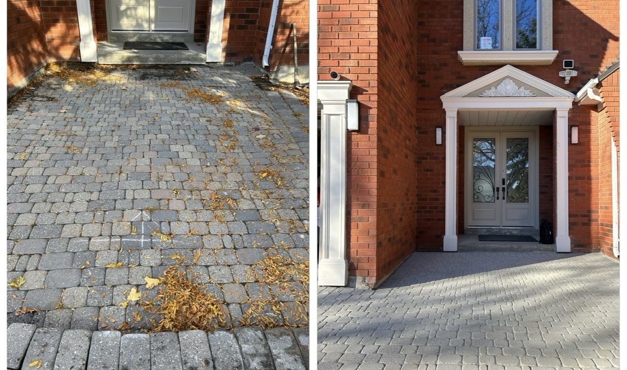 Restored interlock driveway with cleaned and leveled stonework