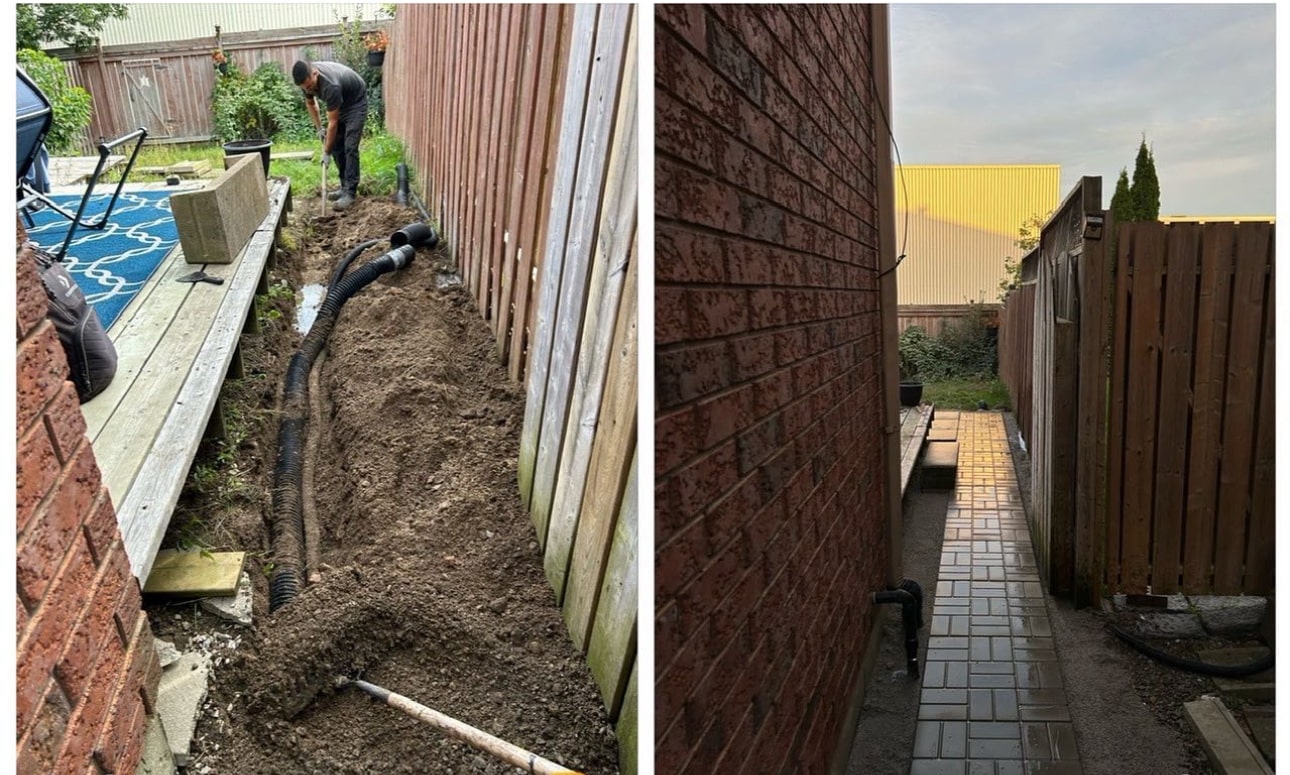 Sideyard with drainage and interlock installation in progress
