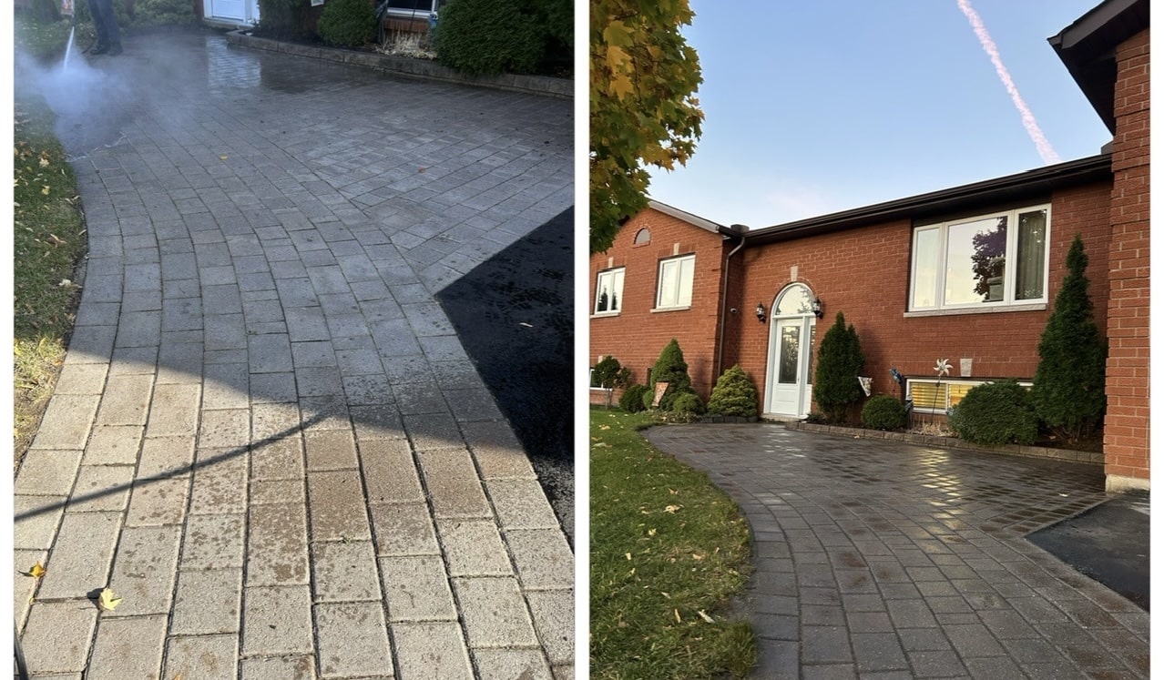 Before and after of curved driveway power washing