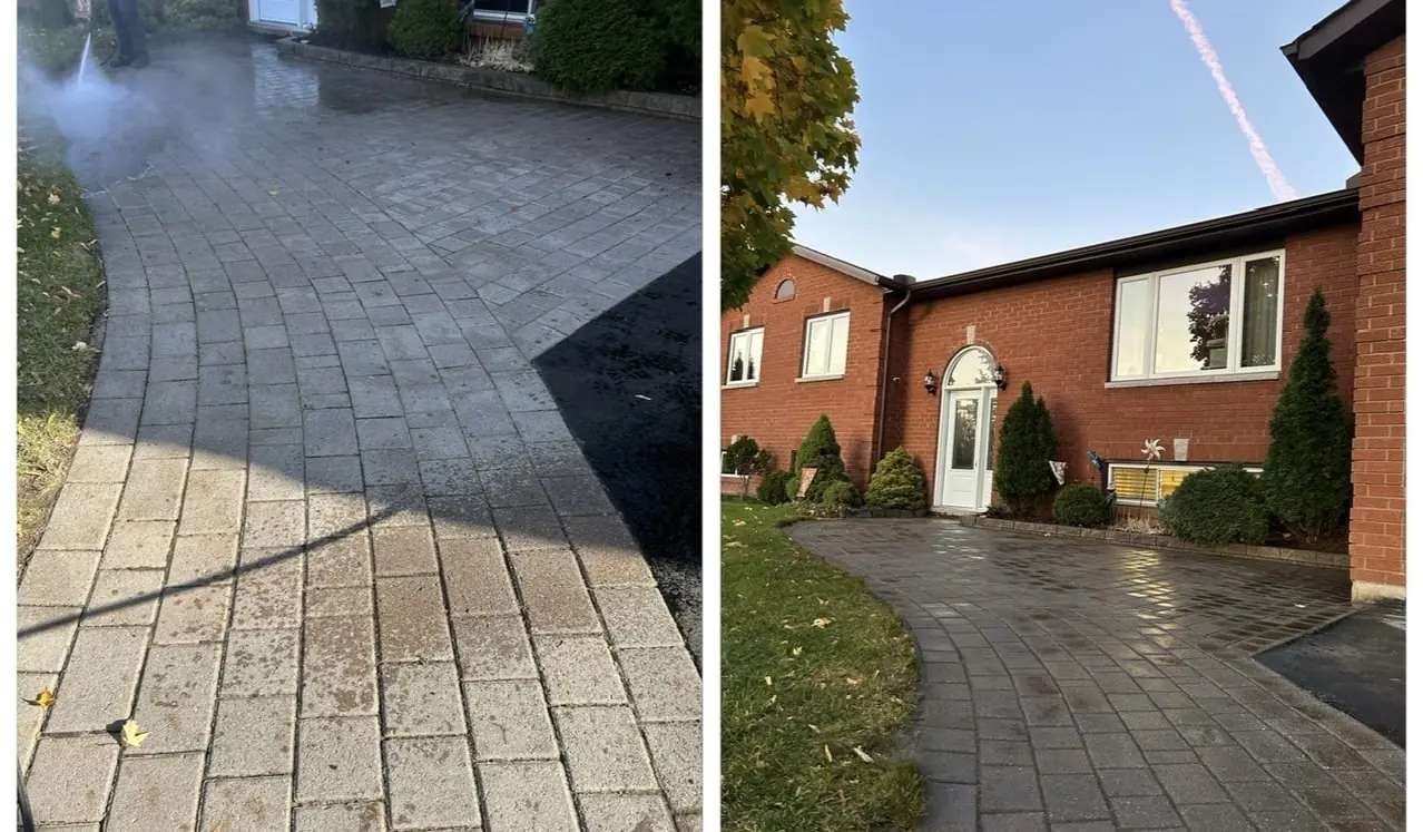 Curved driveway before and after power washing